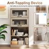 4-tier bookshelf with storage cabinets and open compartments in natural wood, featuring anti-toppling device for safety.