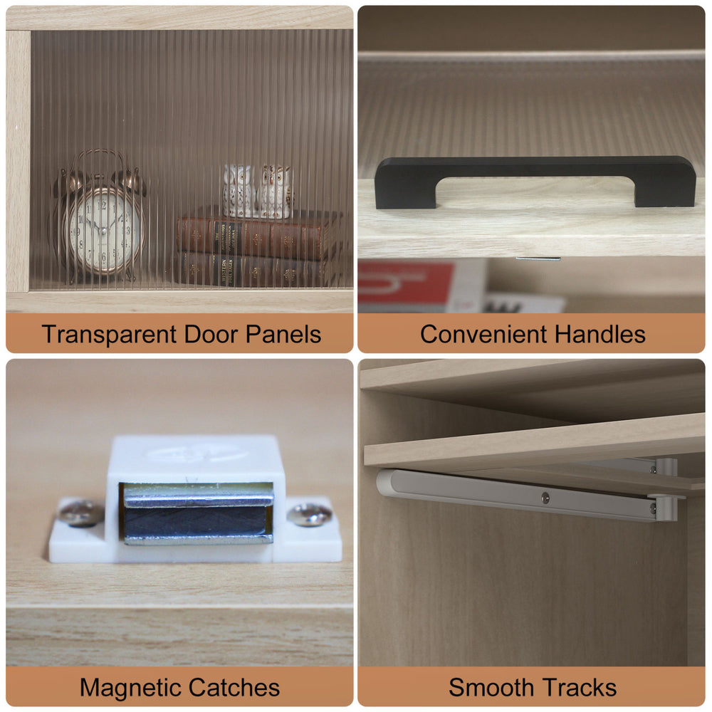 Close-up of the 4-tier bookshelf's transparent door panels, convenient handles, and magnetic catches for easy access.