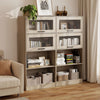 4-tier bookshelf with natural wood finish, featuring storage cabinets and open compartments for versatile organization.