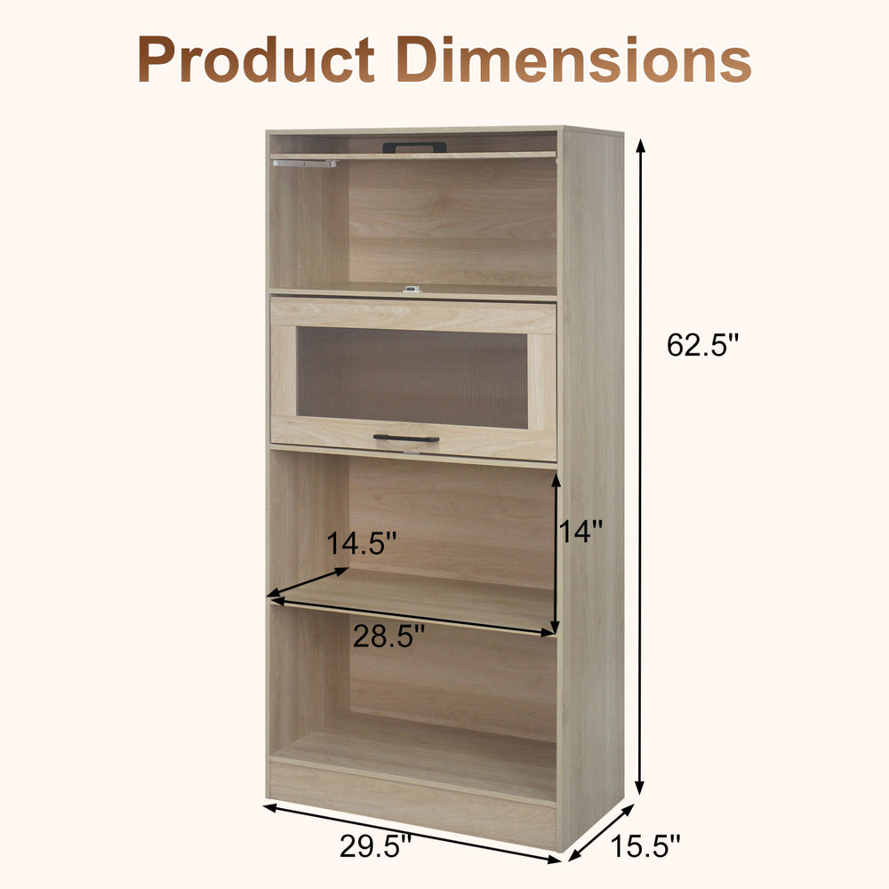 4-tier bookshelf with storage cabinets and open compartments, featuring natural wood finish and dimensions for.