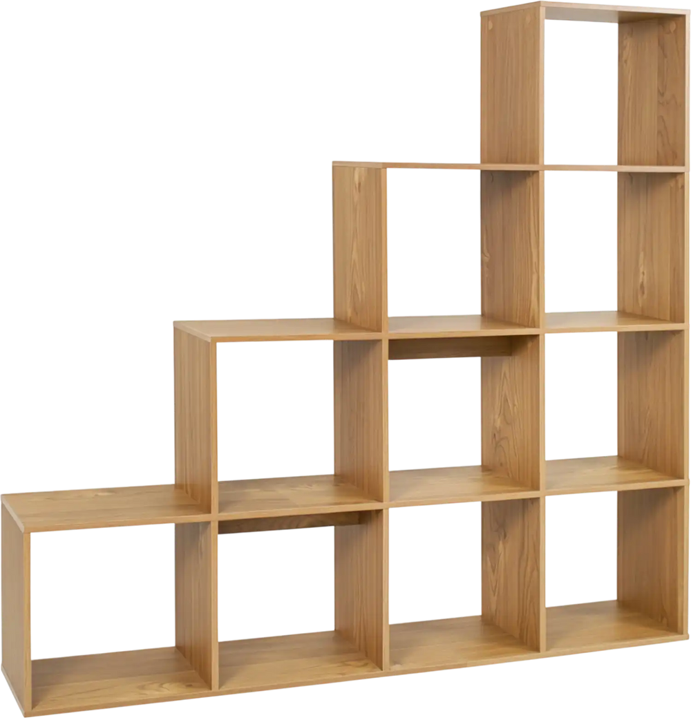 Stylish 4-tier bookshelf in natural finish features 10-cube design and anti-tipping kits for stability in any room.