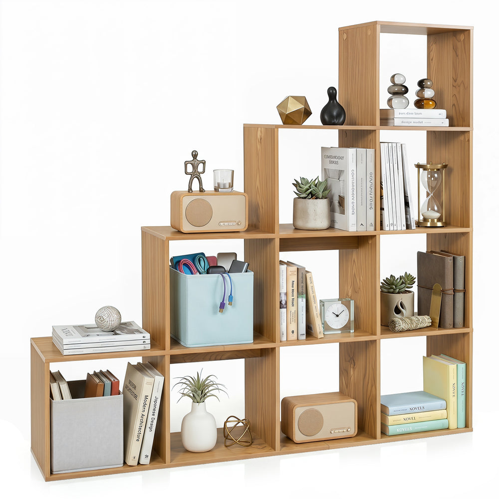 Stylish 4-tier bookshelf in natural finish features 10-cube design and anti-tipping kits for home office organization.