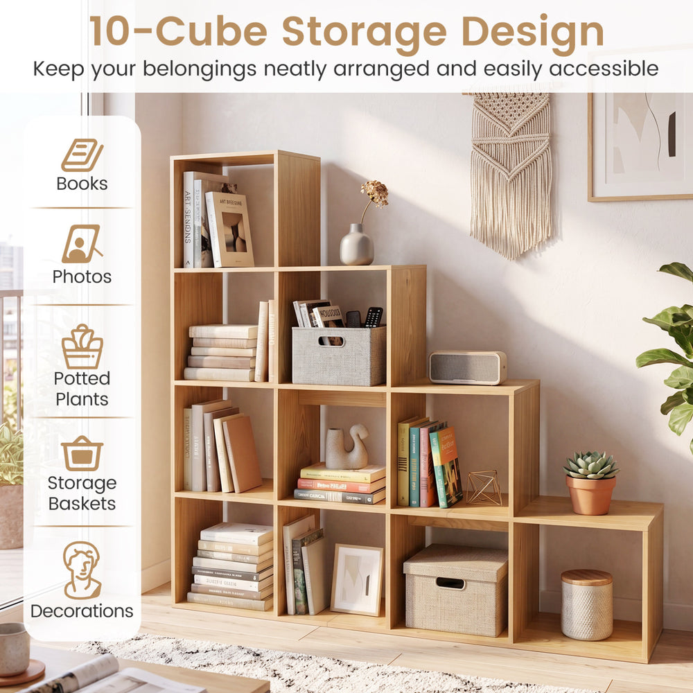 4-tier bookshelf featuring a 10-cube storage design in natural wood, ideal for organizing books and decor in any room.