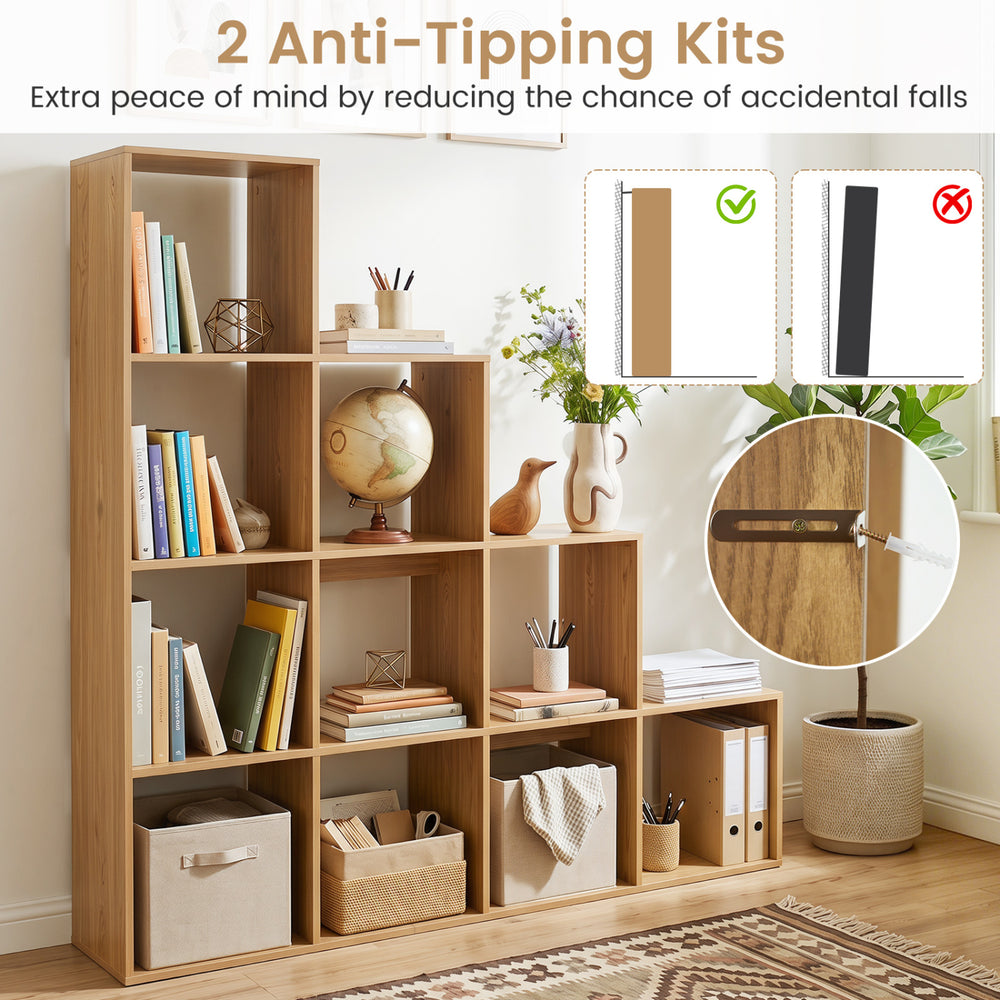 4-tier natural bookshelf with 10-cube storage and 2 anti-tipping kits, ideal for home office or living room organization.