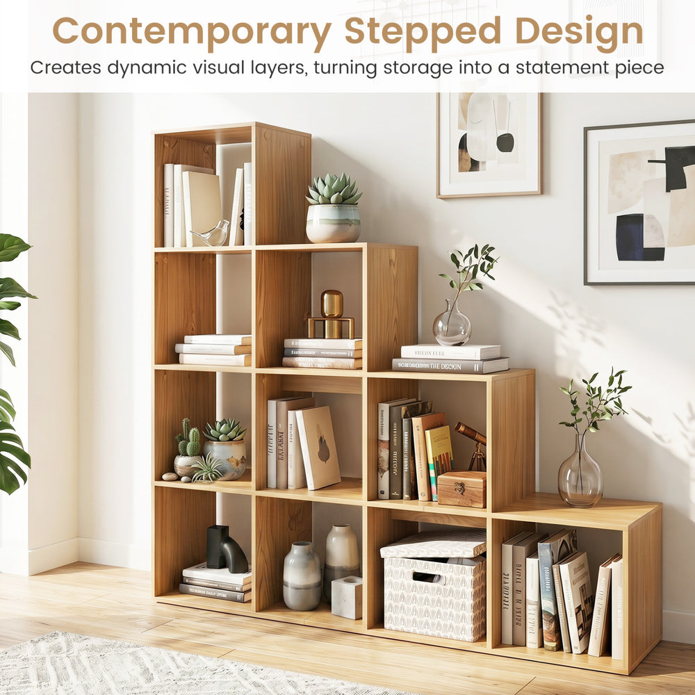 4-tier natural bookshelf with 10-cube design and anti-tipping kits, ideal for a stylish home office or living space.