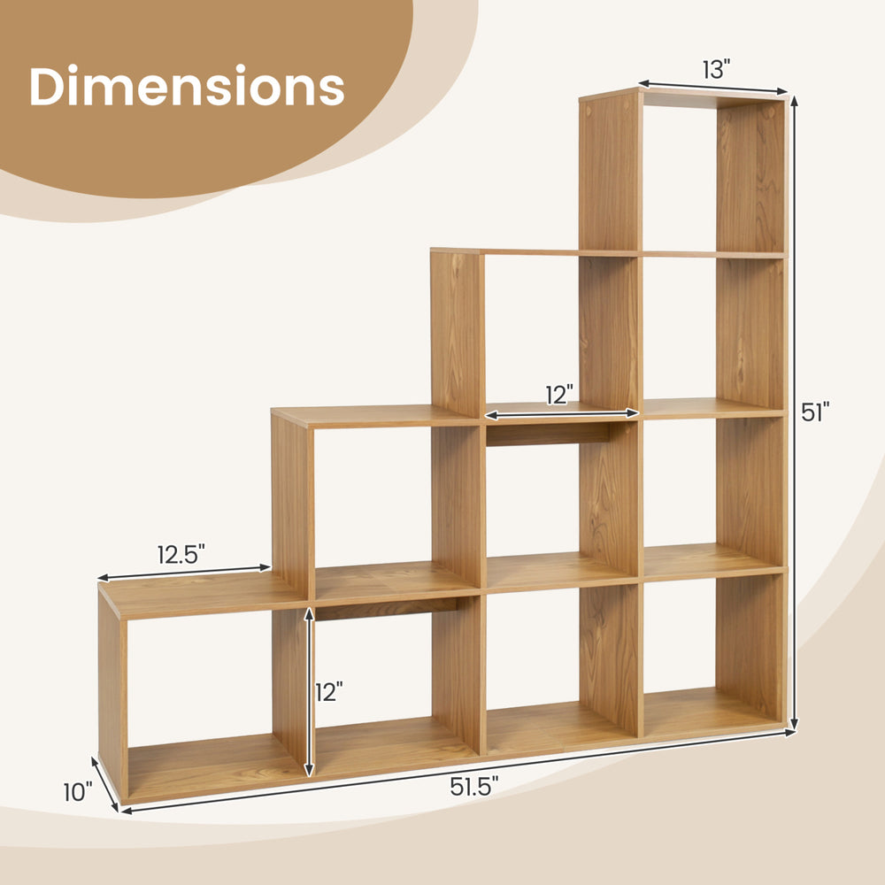 4-tier natural bookshelf with 10-cube design and anti-tipping kits, ideal for home office or living room organization.
