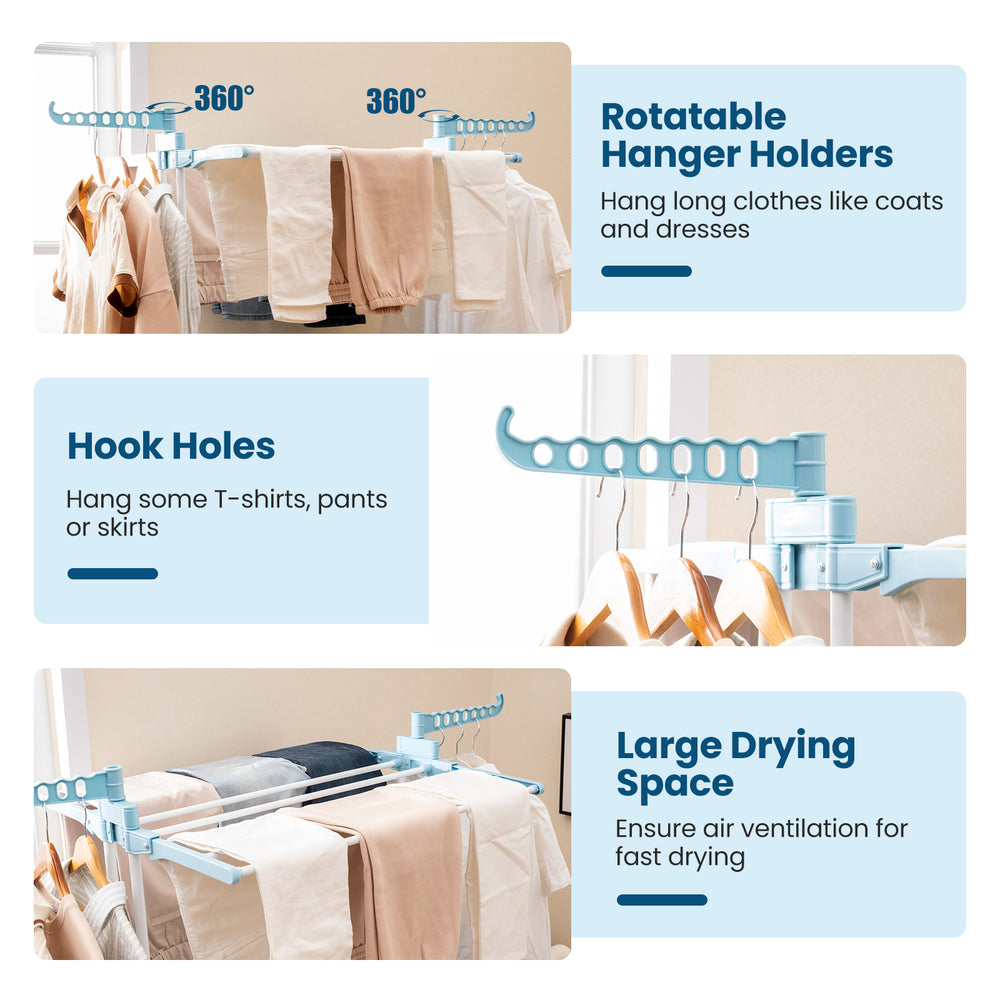 4-tier blue clothes drying rack with rotatable hanger holders and collapsible shelves for versatile drying needs.