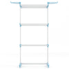 4-tier clothes drying rack in blue with rotatable side wings, collapsible shelves, and bottom shoe rack for versatile.