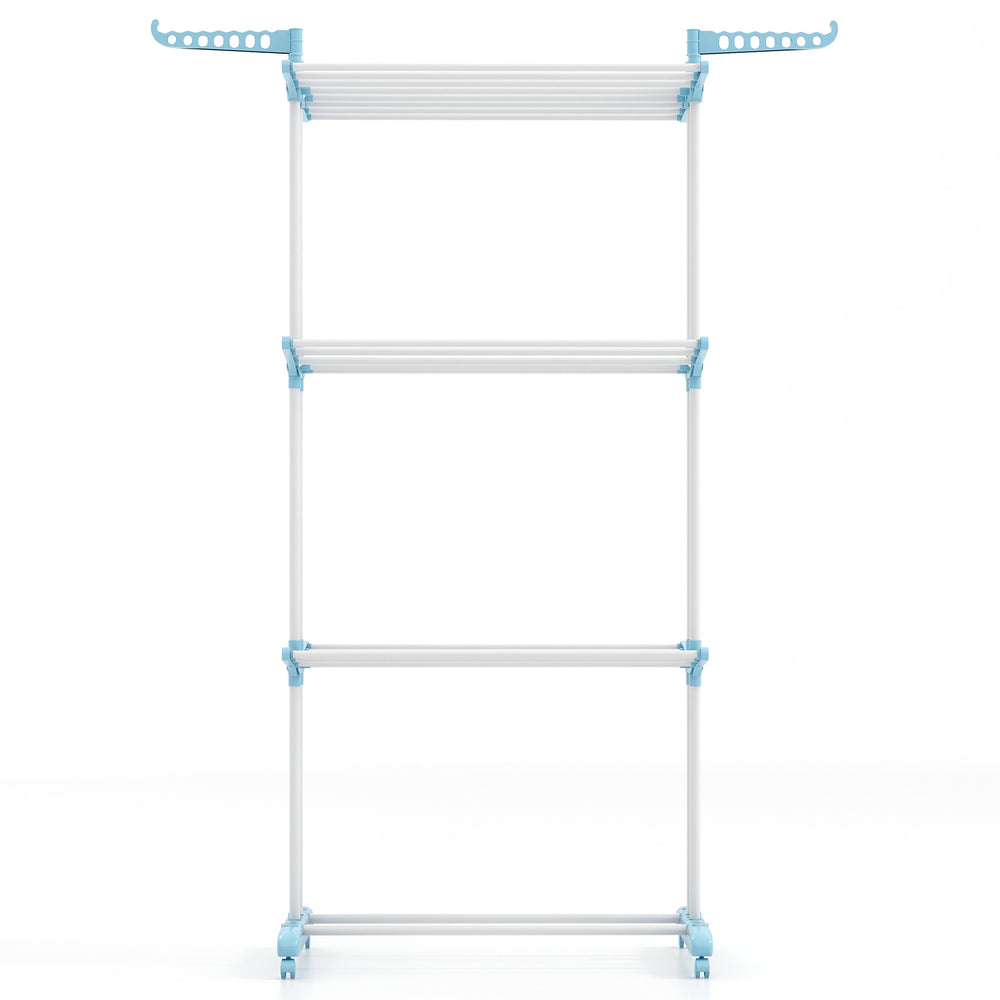 4-tier clothes drying rack in blue with rotatable side wings, collapsible shelves, and bottom shoe rack for versatile.