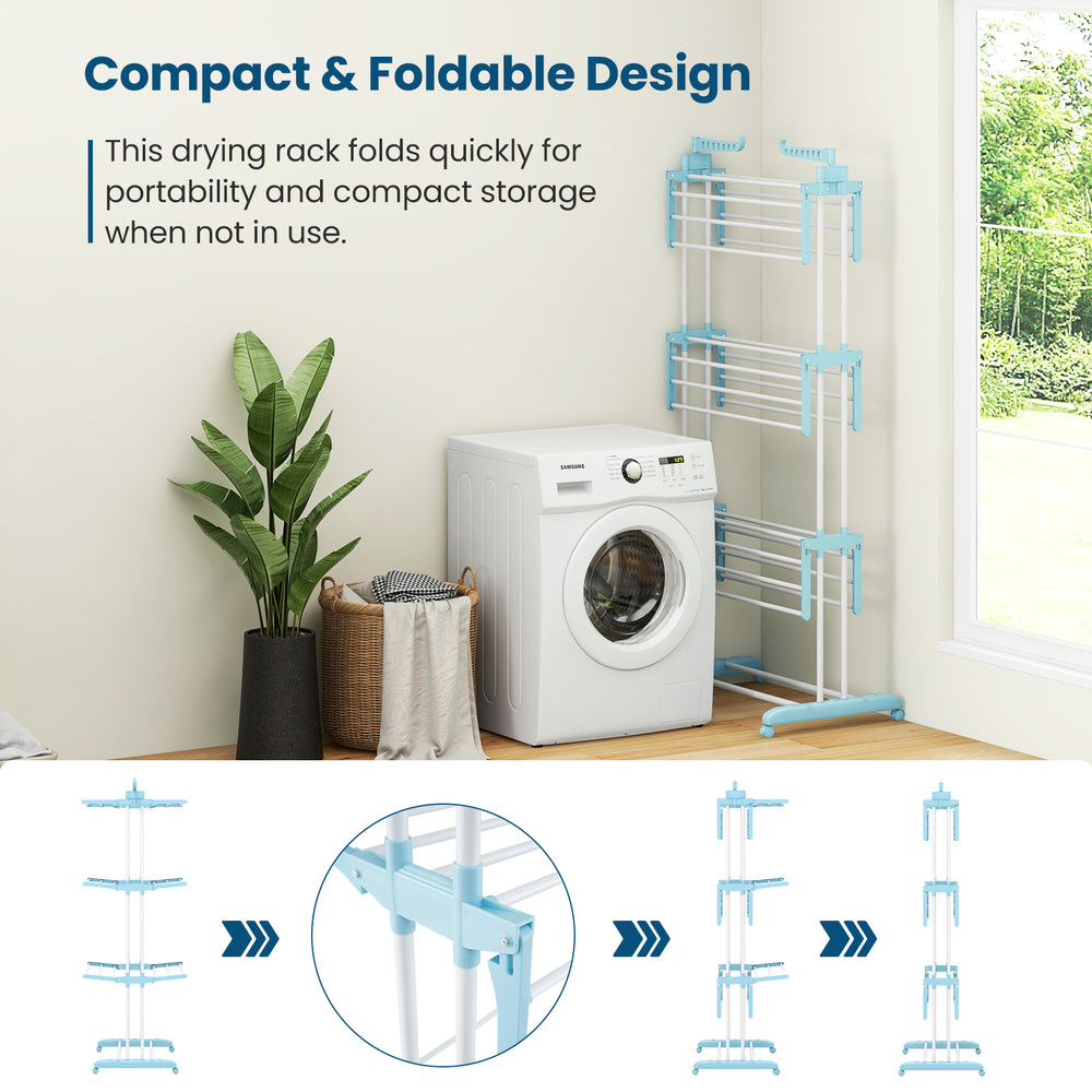 4-tier blue clothes drying rack with rotatable side wings and collapsible shelves, perfect for laundry and space-saving.