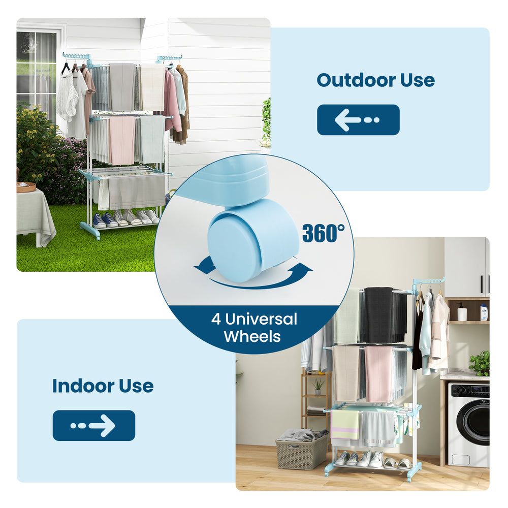 4-tier blue clothes drying rack with collapsible shelves and rotatable wings, perfect for indoor and outdoor use.