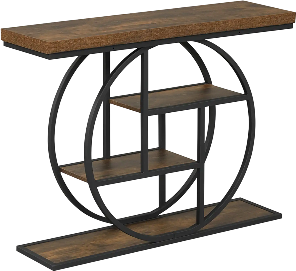 4-tier console table with a brown wood top and O-shaped metal frame, ideal for entryways and living rooms.