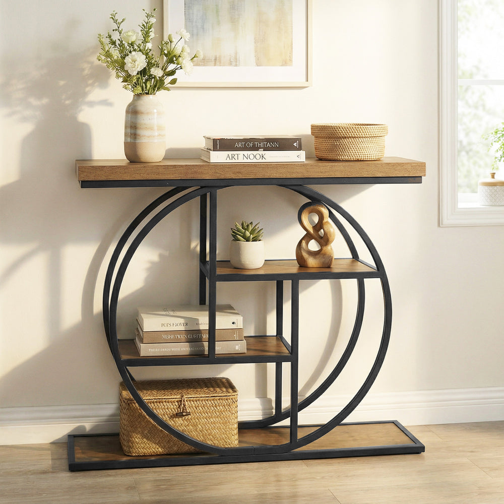 4-tier console table with brown wood top and O-shaped metal frame, perfect for entryway or hallway storage.