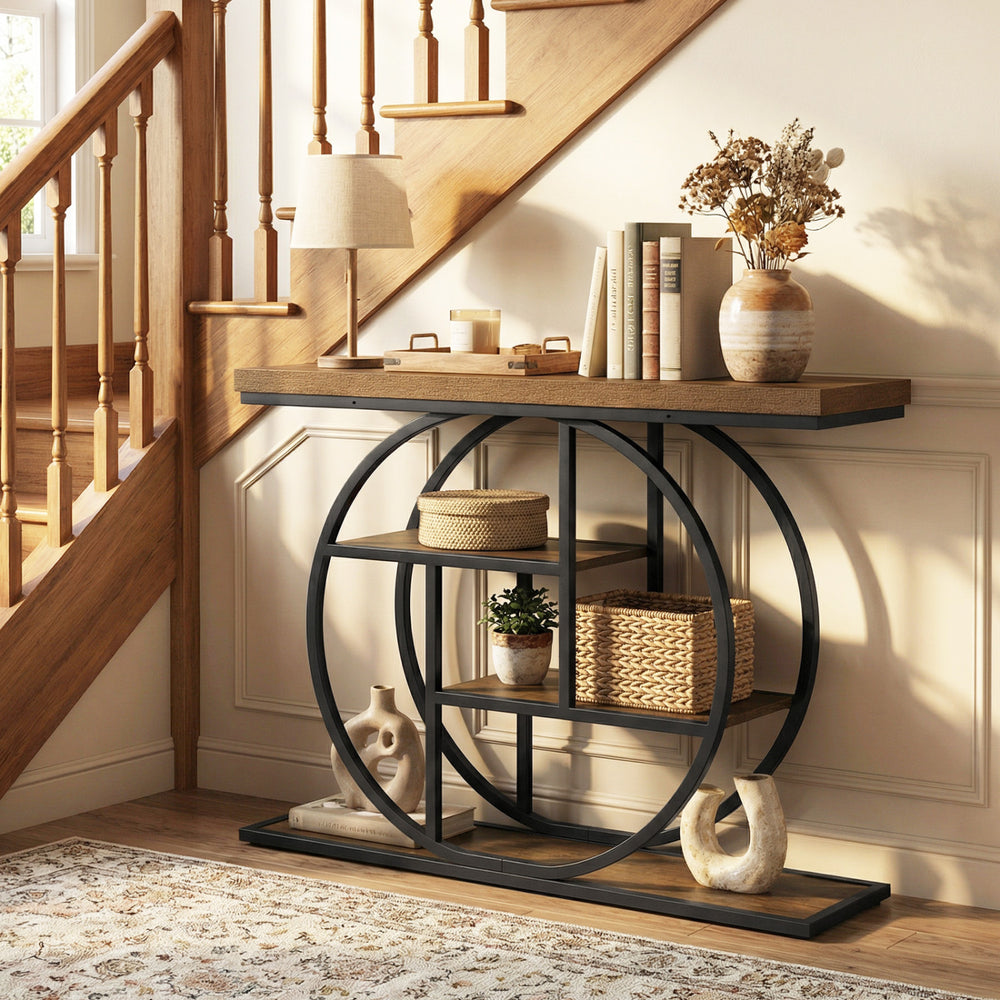4-tier console table with brown finish and O-shaped metal frame, ideal for entryway storage and decoration.