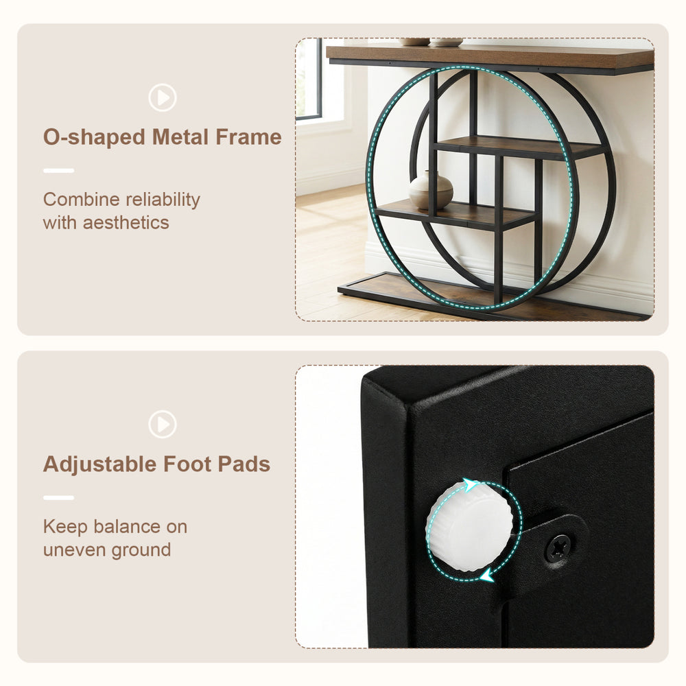 O-shaped metal frame and adjustable foot pads of the 4-tier console table for enhanced stability and style.