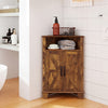 Rustic brown 4-tier corner storage cabinet with open shelf and dual doors for organized bathroom essentials.