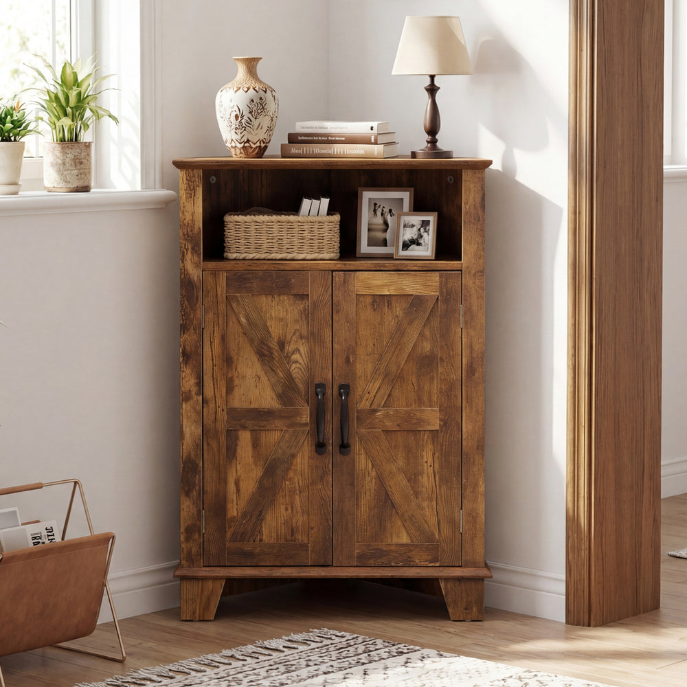 Rustic brown 4-tier corner storage cabinet featuring a sturdy wood-grain surface and adjustable shelves for versatile.