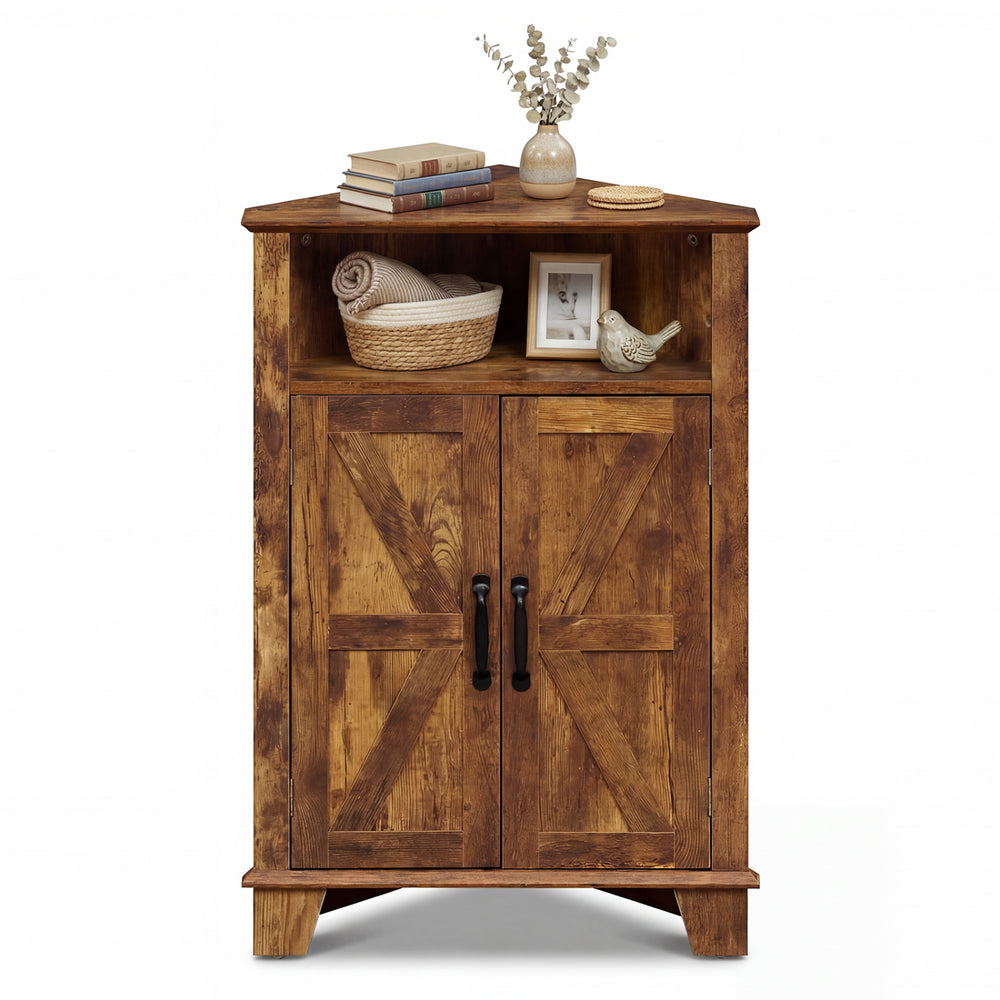 Rustic brown 4-tier corner storage cabinet with open shelf and dual doors for organized and stylish home storage.