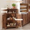 4-Tier corner storage cabinet in rustic brown with open shelf and dual doors for organized kitchen essentials.