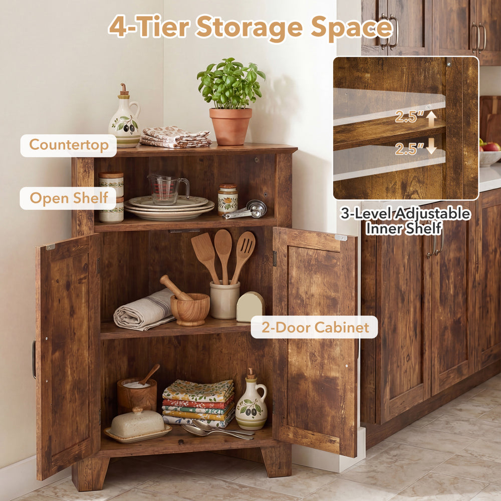 4-Tier corner storage cabinet in rustic brown with open shelf and dual doors for organized kitchen essentials.