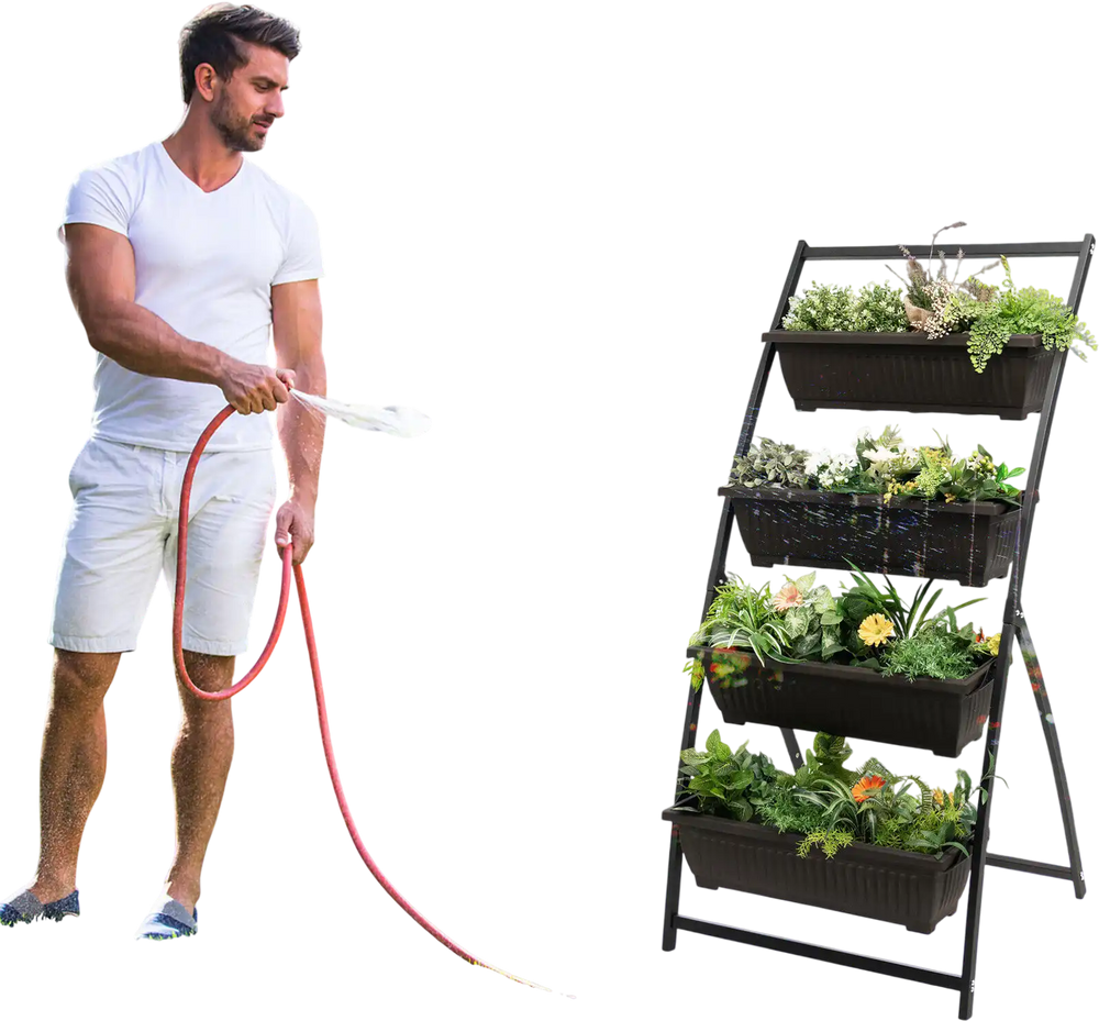 4-tier vertical raised garden bed with 4 detachable containers, featuring drainage holes, ideal for patio or garden use.