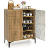4-tier farmhouse shoe storage cabinet in oak with removable shelves and metal legs, ideal for entryway or hallway.