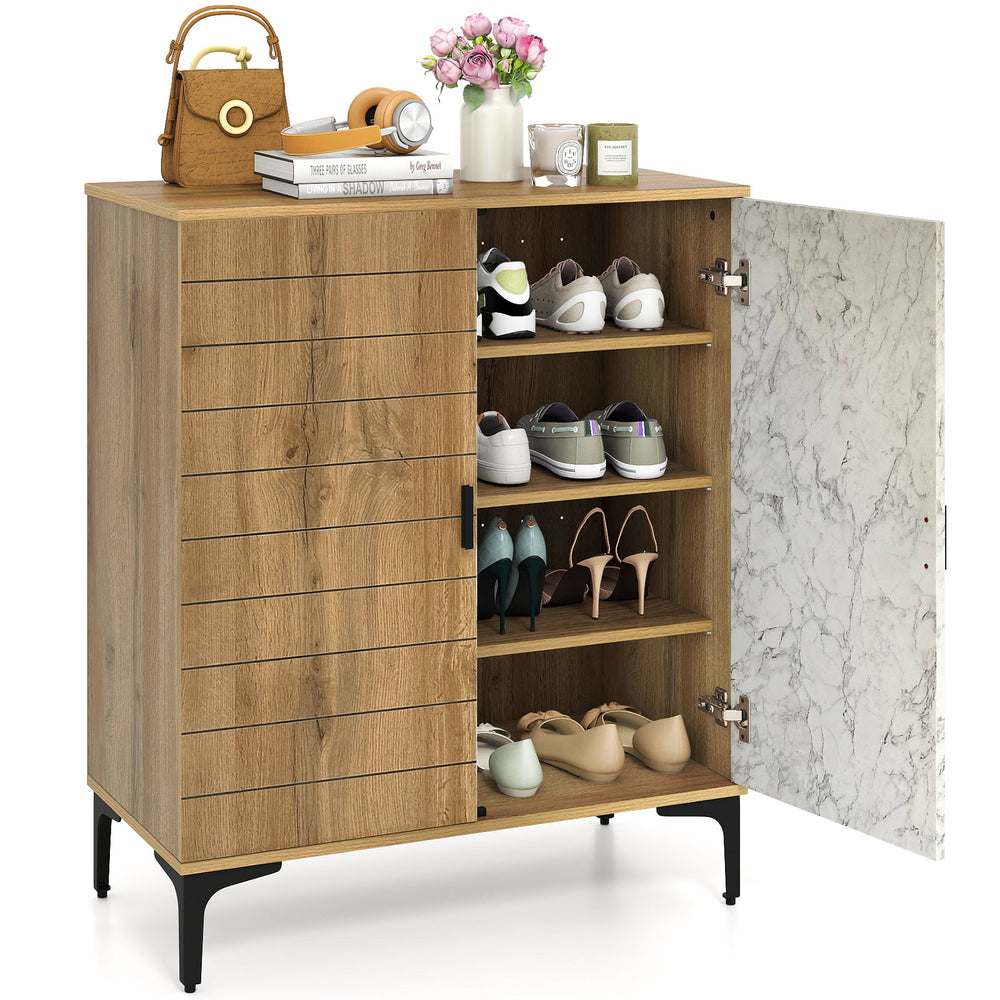 4-tier farmhouse shoe storage cabinet in oak with removable shelves and metal legs, ideal for entryway or hallway.