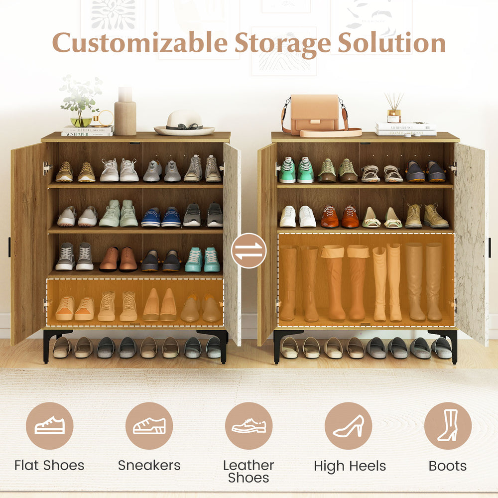 4-tier farmhouse shoe storage cabinet in oak with removable shelves, ideal for customizable shoe organization in.
