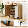 4-tier farmhouse shoe storage cabinet in oak with removable shelves and sturdy metal legs, perfect for entryways and.
