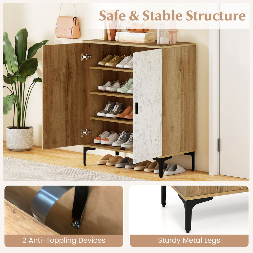 4-tier farmhouse shoe storage cabinet in oak with removable shelves and sturdy metal legs, perfect for entryways and.