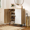4-tier farmhouse shoe storage cabinet in oak with removable shelves, metal legs, and a stylish white marble finish.