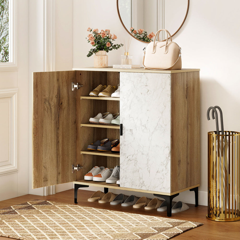 4 Tier Farmhouse Shoe Storage Cabinet with Removable Shelves and Metal Legs-Oak - Gallery View 1 of 10