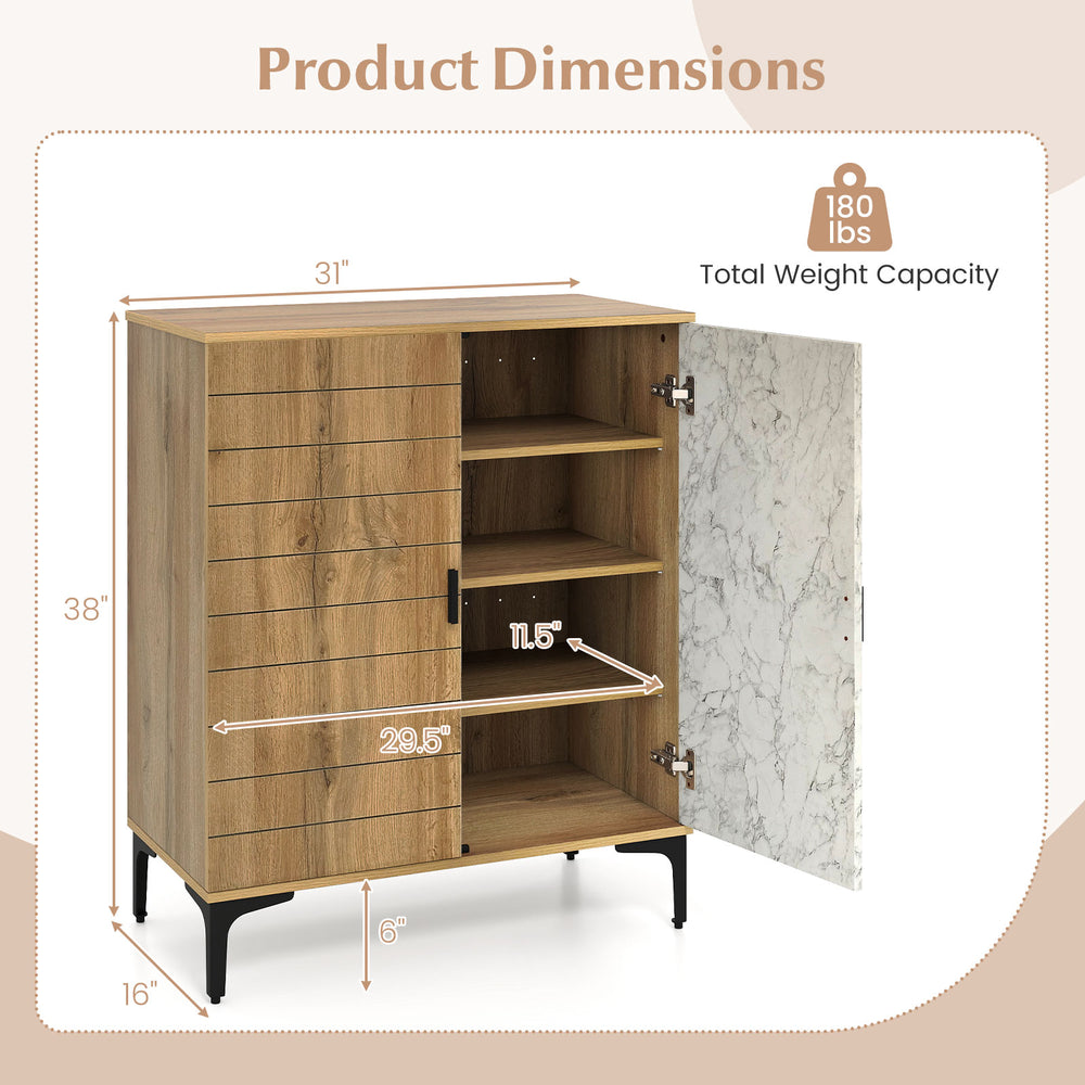 4 Tier Farmhouse Shoe Storage Cabinet dimensions with removable shelves, oak finish, and sturdy metal legs for.