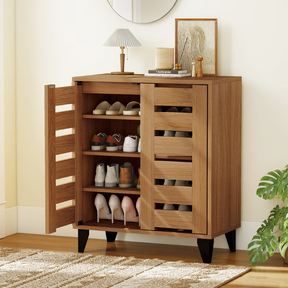 4-Tier Farmhouse Shoe Organizer with Louvered Door-Natural - Gallery View 1 of 10