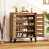 4-tier farmhouse shoe organizer in natural wood with louvered door, featuring adjustable shelves for shoe storage.