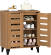 4-Tier farmhouse shoe organizer in natural wood finish with louvered doors and adjustable shelves for shoe ventilation.