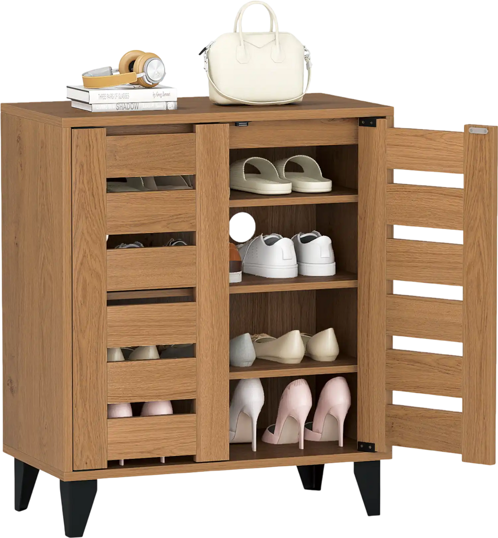 4-Tier farmhouse shoe organizer in natural wood finish with louvered doors and adjustable shelves for shoe ventilation.