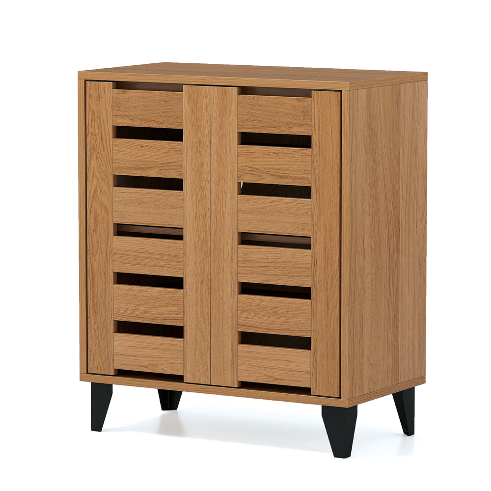 4-Tier farmhouse shoe organizer with louvered doors, natural wood finish, featuring adjustable shelves and raised legs.