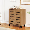 4-tier farmhouse shoe organizer with louvered doors in natural wood finish, featuring adjustable shelves and raised.