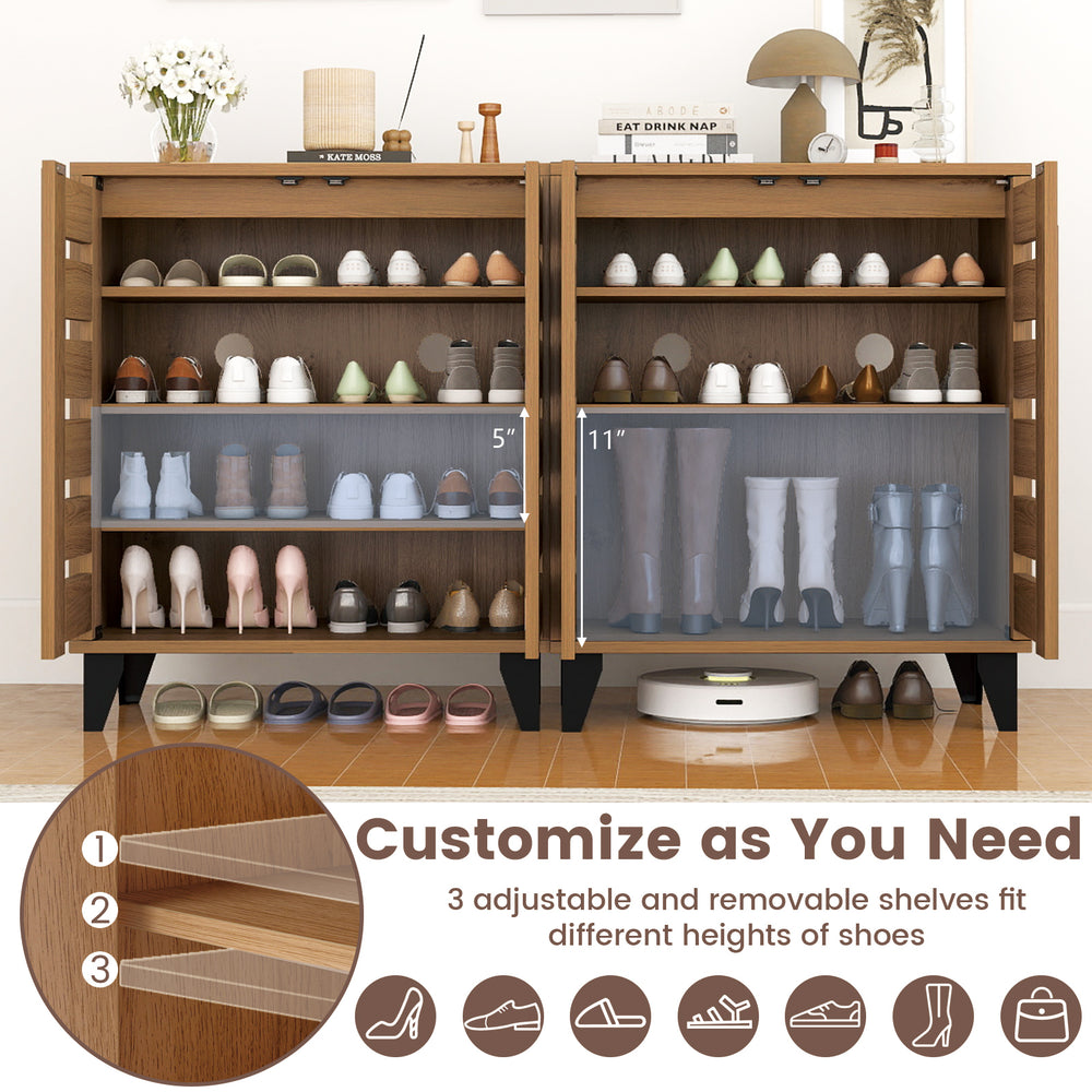 4-tier farmhouse shoe organizer in natural wood with adjustable shelves and louvered doors for shoe ventilation.