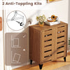 4-tier farmhouse shoe organizer with louvered doors, featuring anti-tipping kits and a natural wood grain finish.