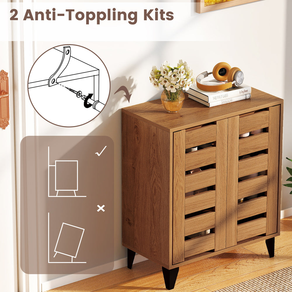 4-tier farmhouse shoe organizer with louvered doors, featuring anti-tipping kits and a natural wood grain finish.