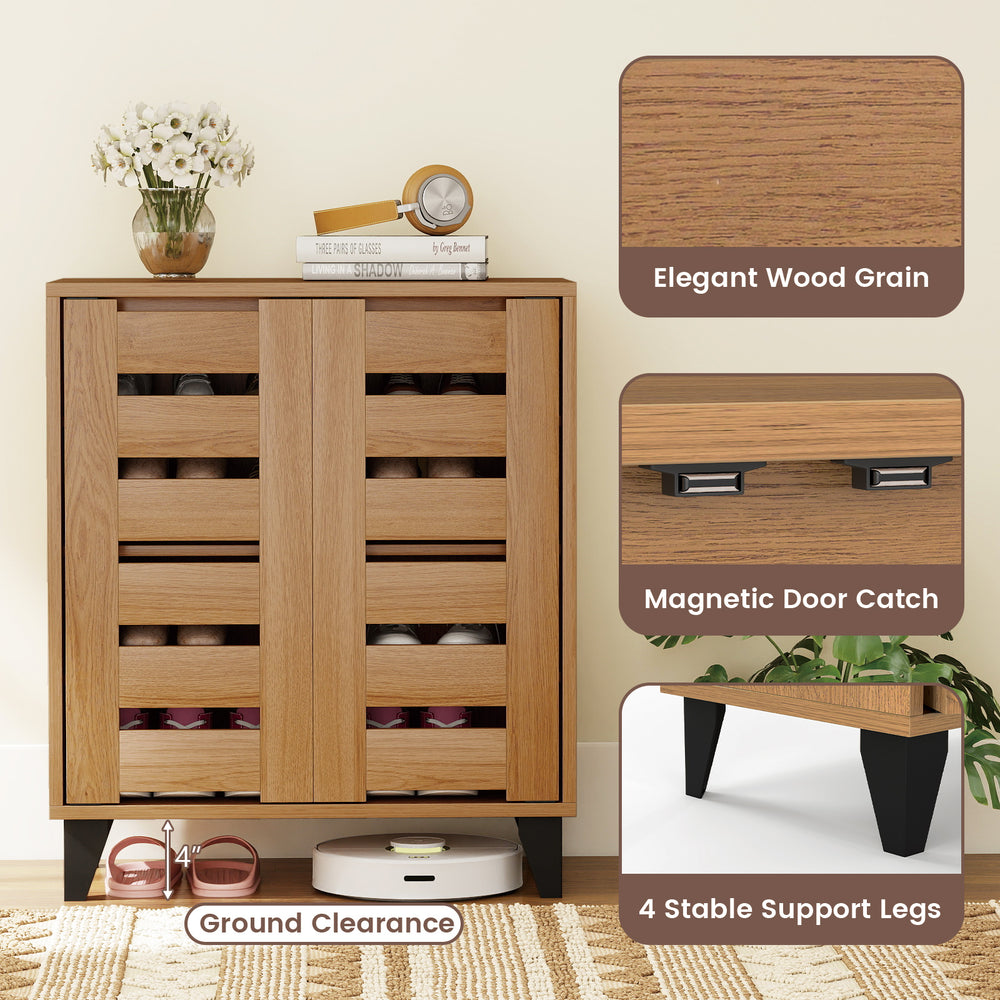 4-tier farmhouse shoe organizer with louvered doors, natural wood grain finish, and adjustable shelves for shoe.