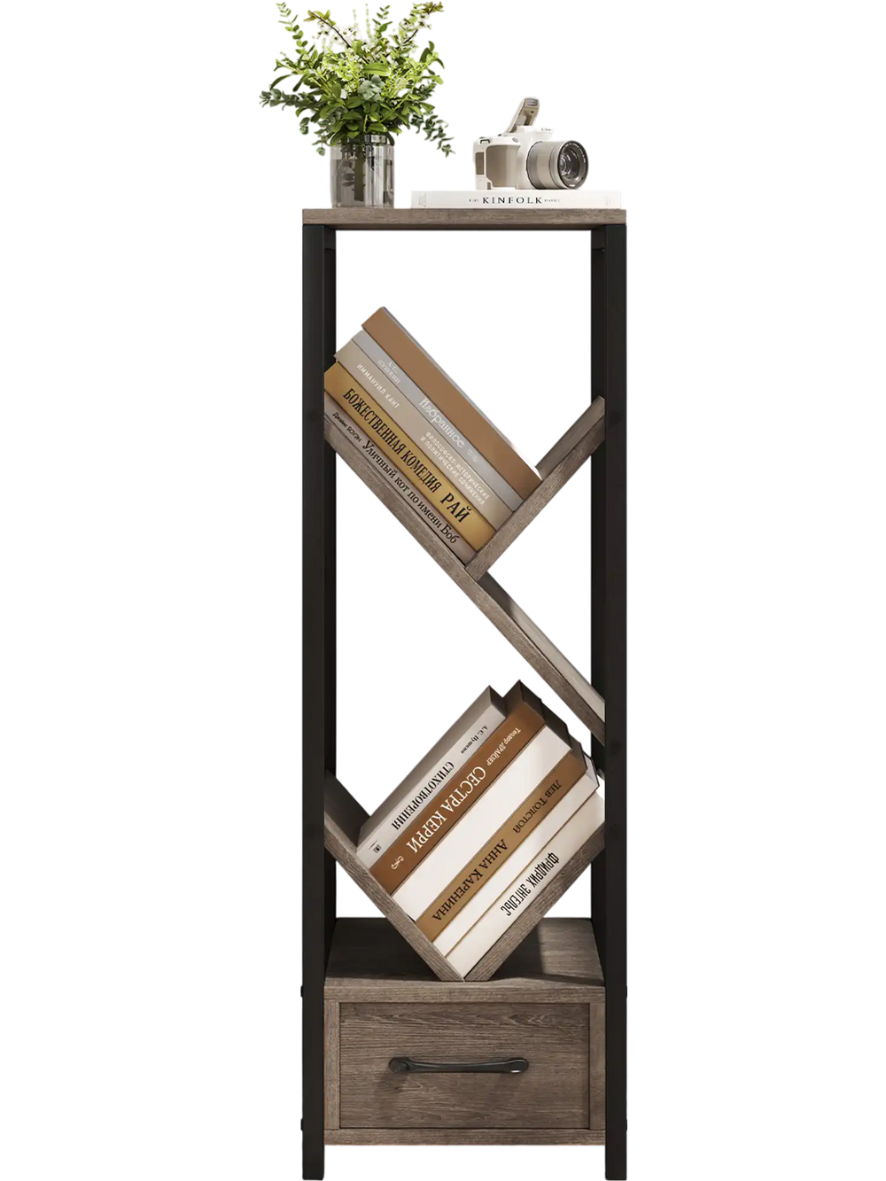 Slender 4-tier tree bookshelf in gray with metal frame and drawer, perfect for organizing books and decor in any room.