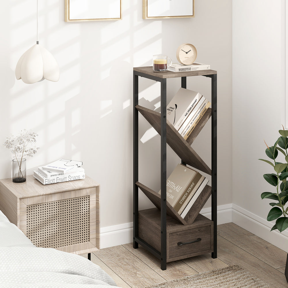 4-tier gray floor tree bookshelf with metal frame and drawer, ideal for organizing books and decor in any room.