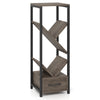 4-tier gray bookshelf with unique branching design, metal frame, and drawer for efficient vertical storage in any room.