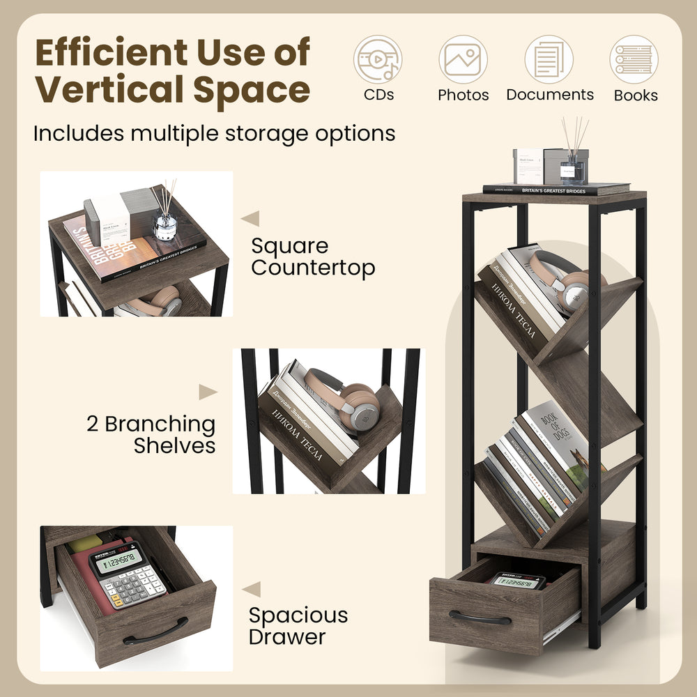 4-tier gray bookshelf with metal frame, branching shelves, and drawer for efficient vertical storage in any room.