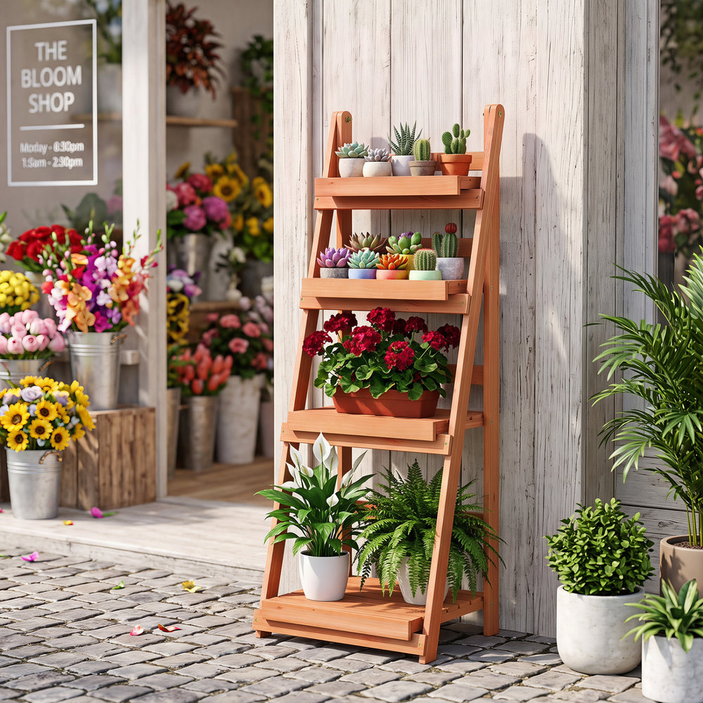 4-tier foldable plant stand in orange wood, ideal for displaying plants while saving space in gardens or patios.