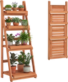 4-tier foldable plant stand in natural wood finish, perfect for displaying plants in gardens or living rooms.
