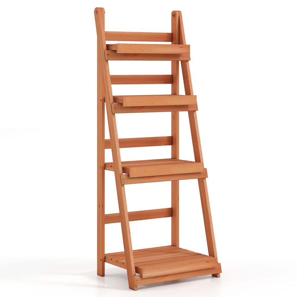 4-tier foldable plant stand made of fir wood with slatted shelves, perfect for displaying plants in gardens or patios.